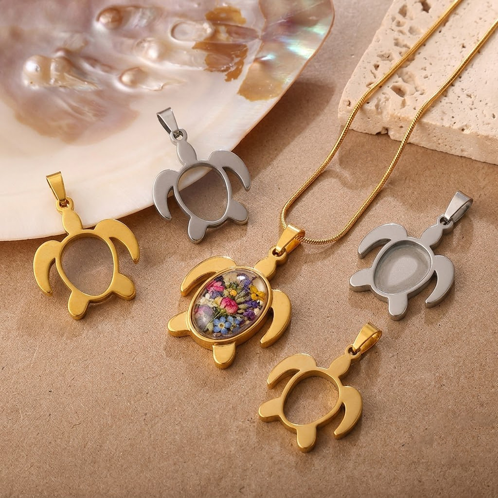 5pcs/Lot Stainless Steel Turtl - Bezels Set Pendant incelemesi ve fiyatı